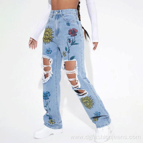 Casual Printed Ripped Plus Size Women Jeans